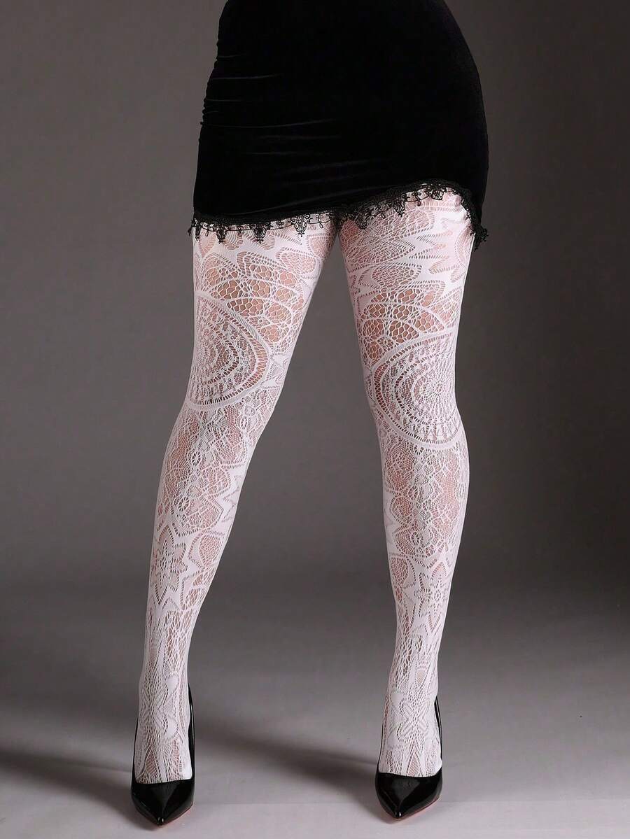 1 paire de collants en résille jacquard tournesol grande taille, leggings ajourés à motif feuille, sexy et polyvalents pour fête, maison, bureau, Noël, Halloween, bas noirs convenant à diverses tenues de fêtes et de saisons - Blanc - Voir 1