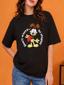 SHEIN | Garfield 女款黑色T恤，趣味吐舌卡通狗圓圈標語印花，寬鬆短袖，適合日常街頭、旅行、約會的女孩休閒穿搭 - 黑色 - 查看 6