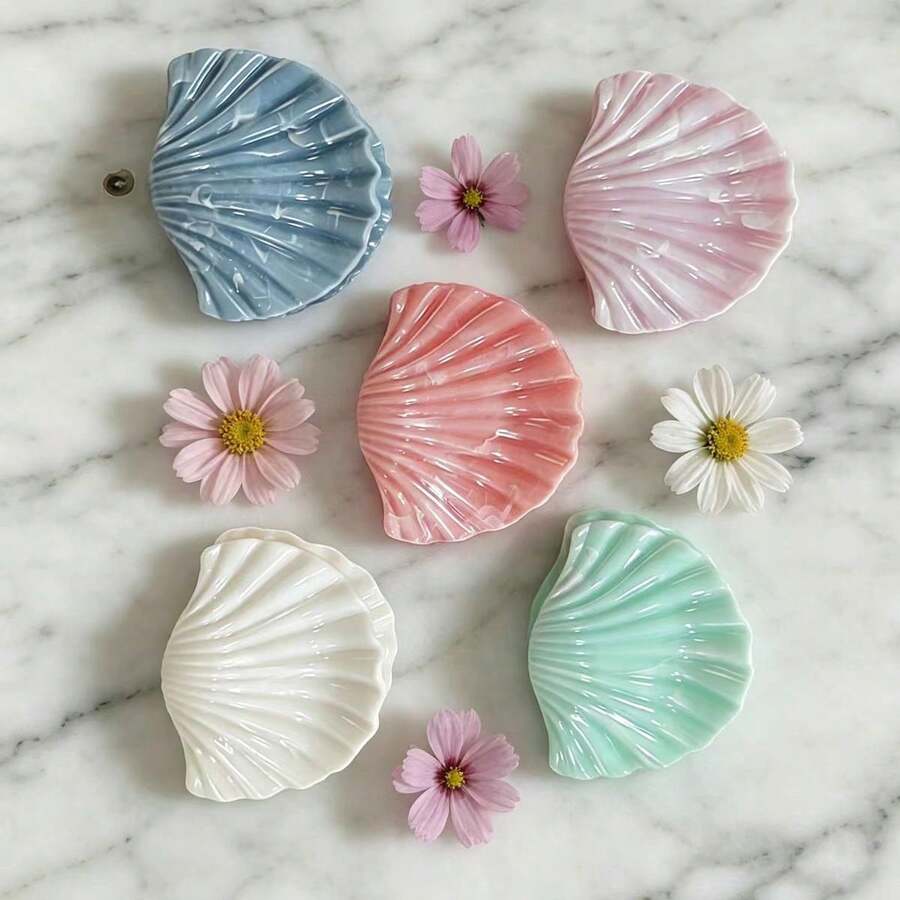 1pc Creative Fresh Sweet Vacation Style Pearlescent Shell Claw Clip Back Of Head Hair Bun Hair Claw Fashion Hair Accessory Women Textured Fan-Shaped Hair Clip Fashion High-End Faux Marble Fan-Shaped Clip Women Hair Bun Accessory - Hot Pink - View 1