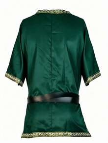 Men's Dark Green Medieval V-Neck Short Sleeve Gold Trim Cosplay Costume, With Black Belt, Renaissance Style Halloween Performance Outfit - Green - View 6
