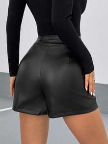 SMILE CHIC Versatile Black Elastic PU Skinny Shorts, Accommodating Design With Slant Pockets And Buttons, Suitable For Daily Wear, Parties And Dates, Suitable For All Seasons Summer - Black - View 6