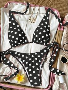 2pcs Polka Dot Elegant Halter Neck Back Tie Open Back Bikini Top With Side Tie Bikini Bottoms, Beach Pool Water Sports Seaside Women's Summer - Black - View 4