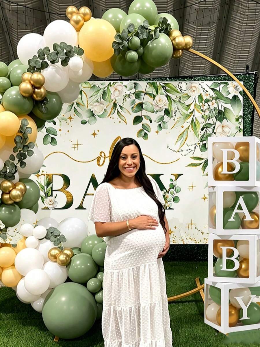 1 Set Dekorasi Bayi Warna Hijau Sage, 55 Balon Lengkung Hijau, Kotak Hadiah Bayi, Taplak Meja dan Latar Belakang, Dekorasi Pesta Bertema - MultiWarna - View 1