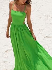 Robe fluide vert forêt à bretelles spaghetti et dos nu pour femmes, robe élégante pour vacances d'été, plage, resort, fête de vacances et festival - Vert - Voir 3
