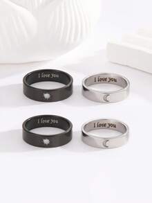 ATLVXJL 4pcs/Set Luminous Couple/Family/Friendship Stainless Steel Rings With Sun And Moon Elements, Glow-In-The-Dark Casual Jewelry Rings For Daily Wear And Holiday Gifts - Multicolor - View 2