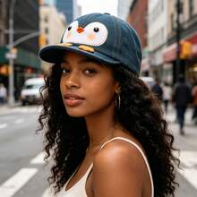Teen Boys Girls Denim Baseball Caps Cute Penguin Patches Trucker Hats - 藍色 - 查看 7