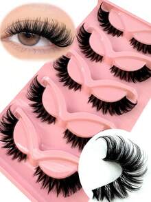 5 Pairs Black Band Wispy Cat Eye 3D Faux Mink Reusable Lashes - 粉色 - 查看 1
