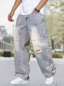 Men's Fashion Distressed Patch Embroidered Wide Leg Jeans - Champagne - View 3