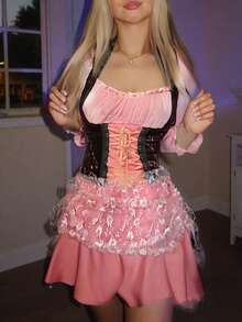 Women Pirate Costumes Contrast Long Sleeve Short Dress Halloween Cosplay Clothes For Party Club Stage - Pink - View 2