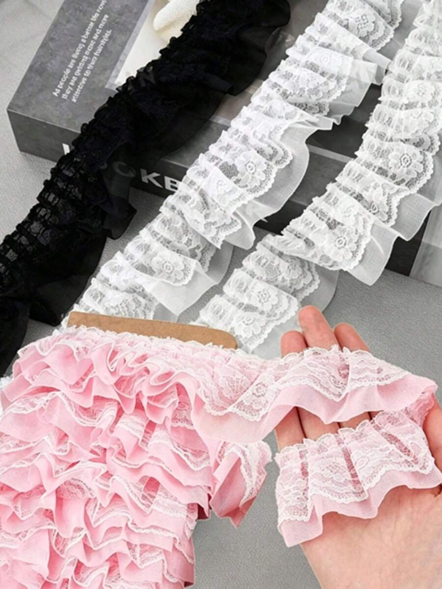 10 Yards Double Layer Ruched Chiffon Lace Trim, 5cm Wide, Double Layer Flounce, Tulle Lace, Jacquard Lace, Suitable For DIY Sewing Crafts, Pillowcase Decoration - Multicolor - View 1
