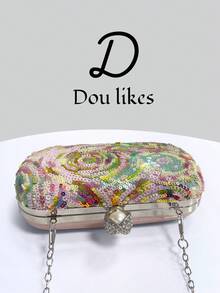 Oil Painting Style Colorful Beaded & Sequin Handheld Evening Clutch, Hand-Stitched Colorful Sequins And Beads Interwoven Into Fluid Vortex Texture, Rhinestone Inlaid Handle Design Complementing The Rhinestone Lock, Suitable For Wedding, Evening Party, Birthday Party, Vacation, Date, Daily Wear - Multicolor - View 4