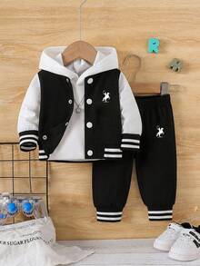 Baby Boy Cartoon Print Baseball Collar Warm Sweatshirt And Pants Set - Black - View 2