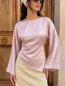 VINOVA 女款緞面船領喇叭袖不對稱短版上衣，春夏款，優雅，適合辦公、日常、約會之夜 - 粉色 - 查看 1