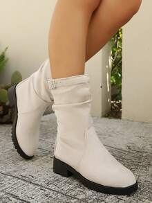 Women's Elegant Versatile Suede Buckle Round Toe Pleated Slip-On Mid-Calf Boots, Casual Wear Slip-On Round Toe Slimming Fashion Boots, Casual Fabric Wedding - Beige - View 4