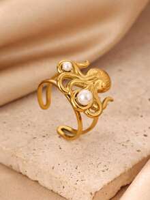1PC Vintage Faux Pearl Octopus Rings For Women Gold Color Stainless Steel Octopus Opening Ring Beach Vacation Party Jewelry Gift - Multicolor - View 3