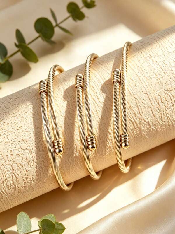 VceTd 3PCS Women's Elegant Style Stainless Steel Open Cuff Bracelet Set With Matching Twisted Bead Design, Suitable For Couples Dating, Best Friends Gathering Or Holiday Gift For Friends