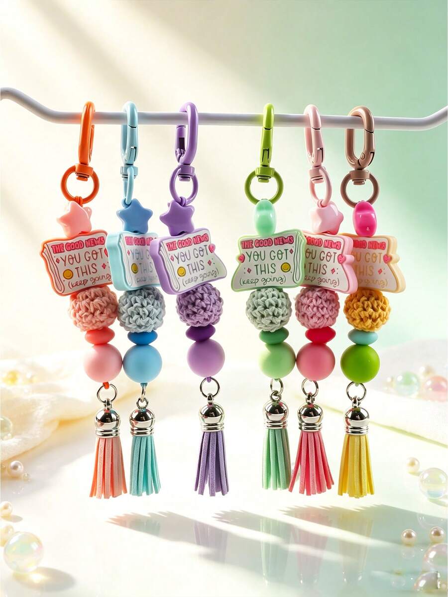 Macaron Inspirational Beaded Keychain, Handmade Woven Beads Tassel Bag Charm, Positive Slogan Backpack Pendant, Graduation Gift - 2829 - View 1