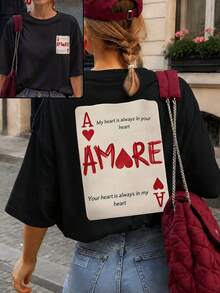 ZZG Es Trus 夏季女款趣味「紅心 A 與 Amore」圖案印花街頭風，小眾龐克風黑色寬鬆大尺碼圓領短版休閒上衣 - 黑色 - 查看 1