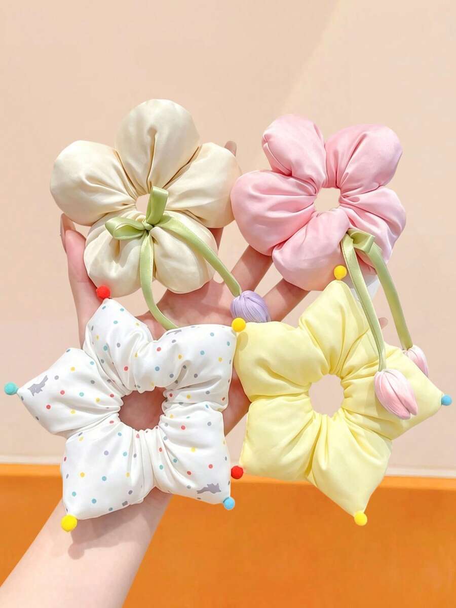 4/2 pezzi/Set Scrunchies colore crema dopamina con fiori 3D, Scrunchies in tessuto con petali 3D completi, Colore solido con pendente tulipano in nastro verde, Accessori per capelli a pois colorati - Adatti per donne e ragazze, Perfetti per uso quotidiano, appuntamenti, scuola, vacanze, spiaggia, feste, vacanze, regali, stagione di laurea - Multicolore - Visualizzare 1