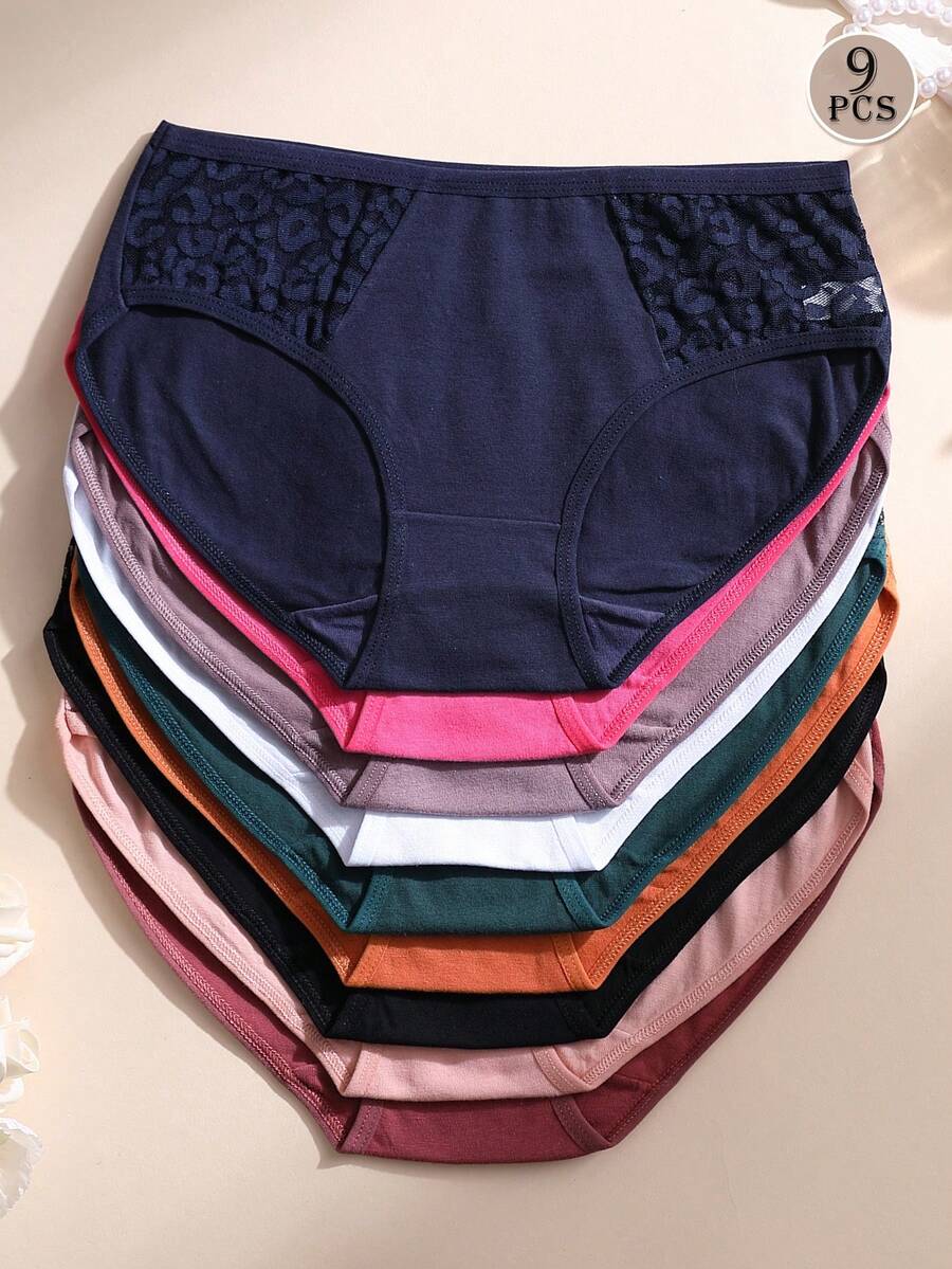 9件組女款性感蕾絲拼接內褲，純色棉質三角內褲，無縫舒適運動內衣