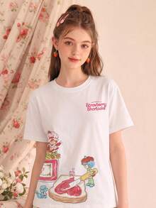 Women's Summer T-Shirt, Cute Scene Print Loose Casual Style, Suitable For Daily Sweet Girl Look - White - View 2