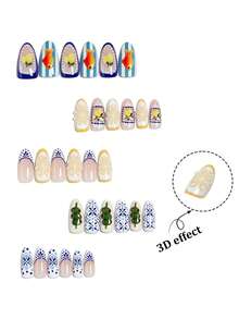 10 Stück französische mandelförmige lange Nagelaufkleber, mediterraner Urlaubsstil Nagelkunst, Amalfi Nägel, Zitrone, Vintage, inklusive 1 Jelly-Kleber und 1 Nagelfeile, geeignet für Frauen/Mädchen zum täglichen Tragen, Sommer, Press-On Nagelaufkleber, Kunstnägel, Nagelzubehör - Verschiedenfarbig - Übersicht 4