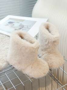1 Pair Girls' Beige Faux Mink Fur Mid-Calf Fuzzy Boots, Round Toe Anti-Kick Slip-On, Soft Warm Plush Snow Boots For Autumn/Winter - Beige - View 3