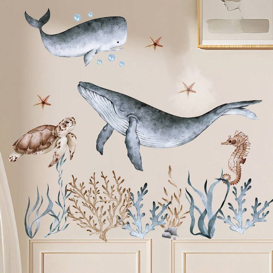 Grande adesivo decorativo da parete stile acquerello con balena e tartaruga marina, animali sottomarini, per intera parete - 30*90 cm 4 pezzi - Visualizzare 1