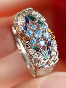 Luxury Vintage Hollow Flower Ring, Sparkling Synthetic Zirconia Inlaid Ring, Elegant Women's Holiday Party Accessory - Silver - View 9