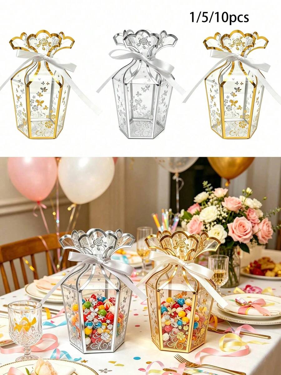 10/5/1pc Transparent Heat-Pressed Floral Pattern Vase Gift Box PVC Party Gift Box Chocolate Packaging Box Wedding Candy Box Birthday Party Gift Box Creative Handheld Gift Box - Multicolor - View 1