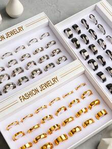 10/20pcs/Lot Classic Fashion Exquisite Stainless Steel Women's Rings, Striped Oil-Drip Style, Random Designs, Casual Party Gift, Daily Wear Jewelry - Mixed-color Polished Stainless Steel Ring - View 3