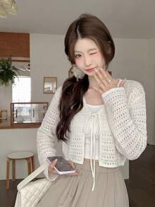 甜美性感鏤空前綁帶針織開襟衫，Y2K 長袖 V 領開襟衫，適合夏季度假派對、母親節休閒穿搭 - 杏色 - 查看 3