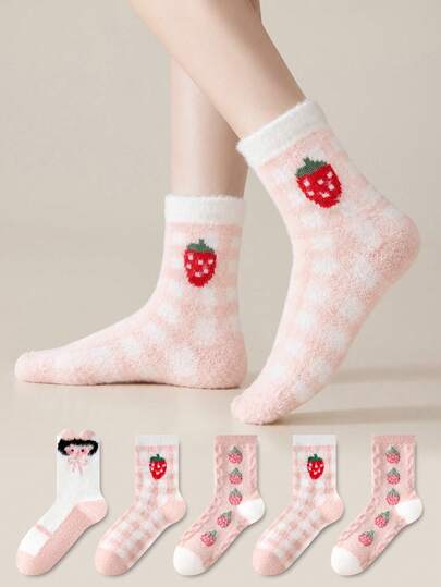 ZUJO 3 Pairs Sweet Cute Fuzzy Women's Short Mid-Calf Socks, Strawberry Cartoon Girl Pattern, Thick Warm Soft, Suitable For Autumn/Winter Daily Wear Floor Socks