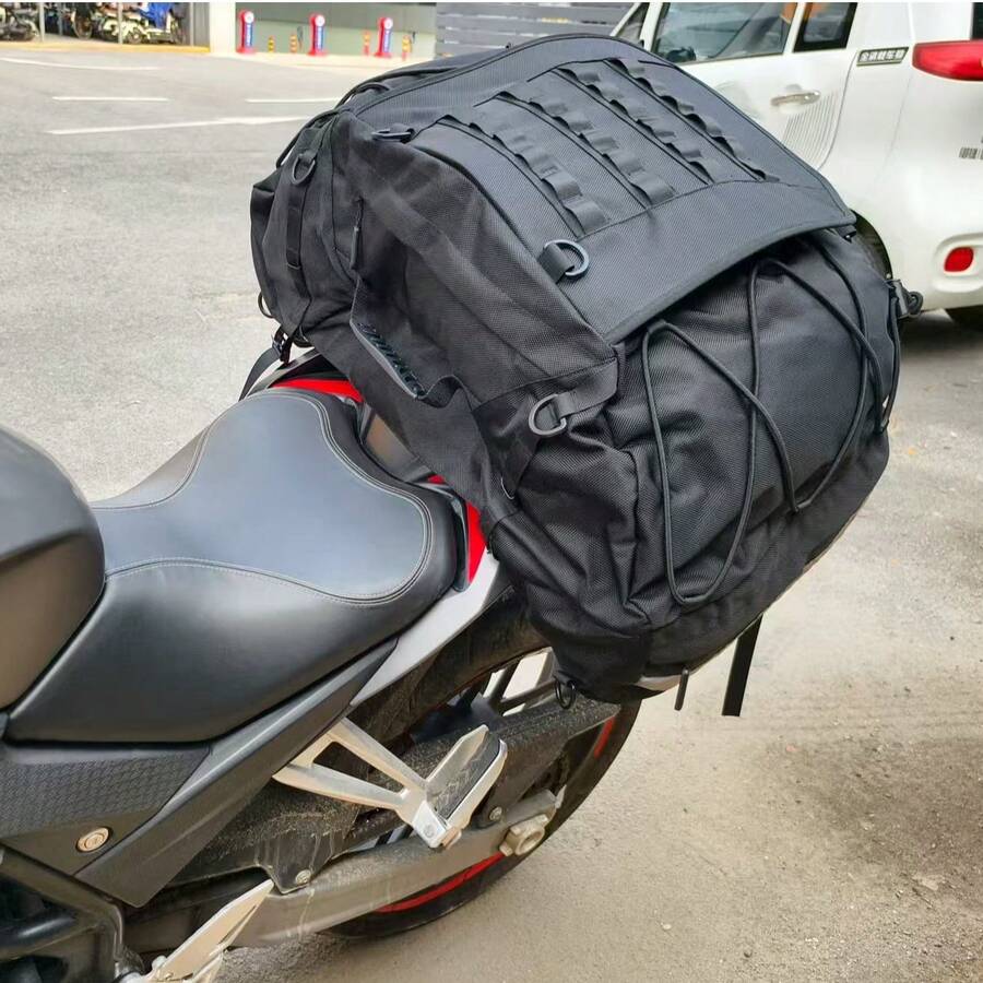 Motorcycle Travel Luggage Bag: Windproof & Waterproof Rear Rack Bag, Black, Universal Motorcycle Tail Bag, Night Reflective Strip Design, Motorcycle Tail Bag Accessories, 22-34L Expandable Motorcycle Rear Seat Bag, With Waterproof & Rainproof Cover, Outdoor Sports Motorcycle Luggage Storage Backpack Handbag, With Shoulder Strap, Pockets And Elastic Rope, Black Sports Bag, Suitable For Sports, Fitness, Exercise, Large Capacity Travel Bag