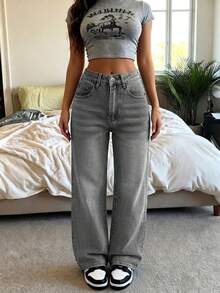New Fashionable Vintage Wide Leg Jeans For Women, Mid-Waist Loose Flattering Straight Leg Denim Pants, Versatile All Season Casual Spring - Light Grey - View 1