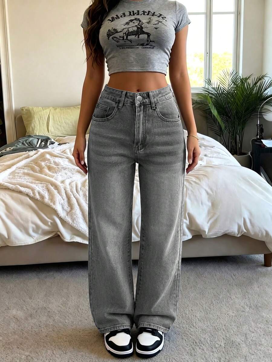 New Fashionable Vintage Wide Leg Jeans For Women, Mid-Waist Loose Flattering Straight Leg Denim Pants, Versatile All Season Casual Spring - Light Grey - View 1