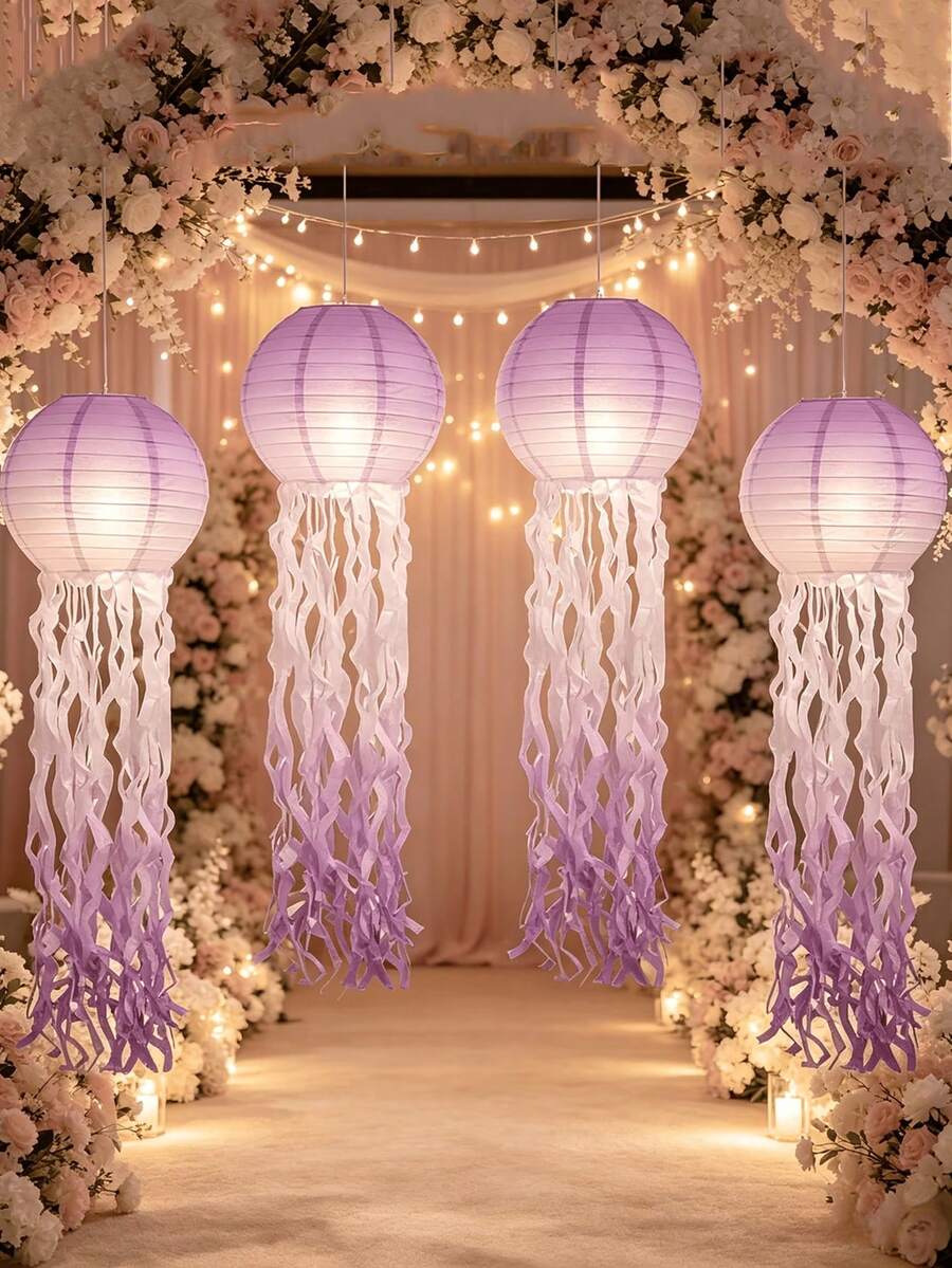 1pc Purple Gradient Jellyfish Round Paper Lantern, Ocean Theme Pool Party Room Outdoor Decoration, Colorful Round Lantern For Wedding Decoration - Multicolor - View 1