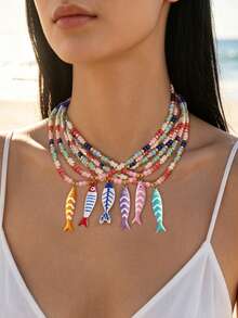Fashionable Stainless Steel Colorful Small Fish Pendant Necklace Bohemian Style Colorful Pearl Collar Chain For Women - Multicolor - View 2