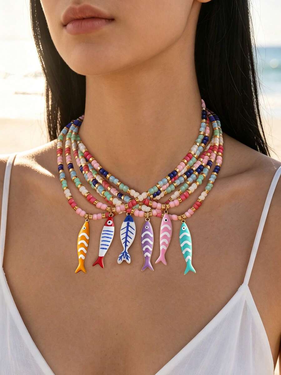 Fashionable Stainless Steel Colorful Small Fish Pendant Necklace Bohemian Style Colorful Pearl Collar Chain For Women