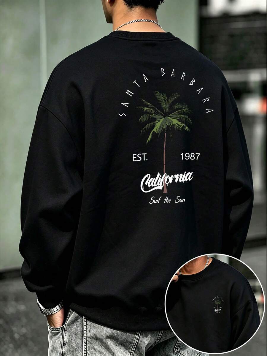 Men's California Palm Tree Double-Sided Print Crew Neck Sweatshirt | Casual Drop Shoulder Long Sleeve Pullover | Autumn/Winter Essential | Versatile & Easy To Style, Showcasing Your Fashion Sense - Black - View 1