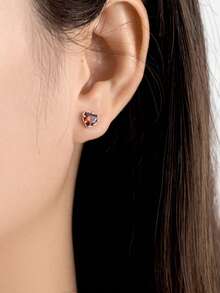 S925 Sterling Silver Red Heart-Shaped Cubic Zirconia Stud Earrings For Women, Minimalist Elegant Sweet Luxury Fashion Vintage - Silver - View 4