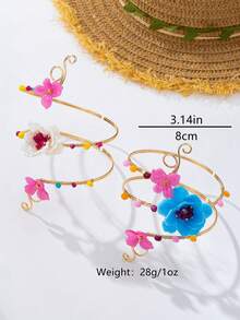 1 pieza/2 piezas Juego de brazaletes de flores 3D coloridas, brazalete abierto de metal con cuentas de alambre, accesorio de brazo multicapa premium para vacaciones en la playa - Brazalete multicapa con diseño floral - Ver 2