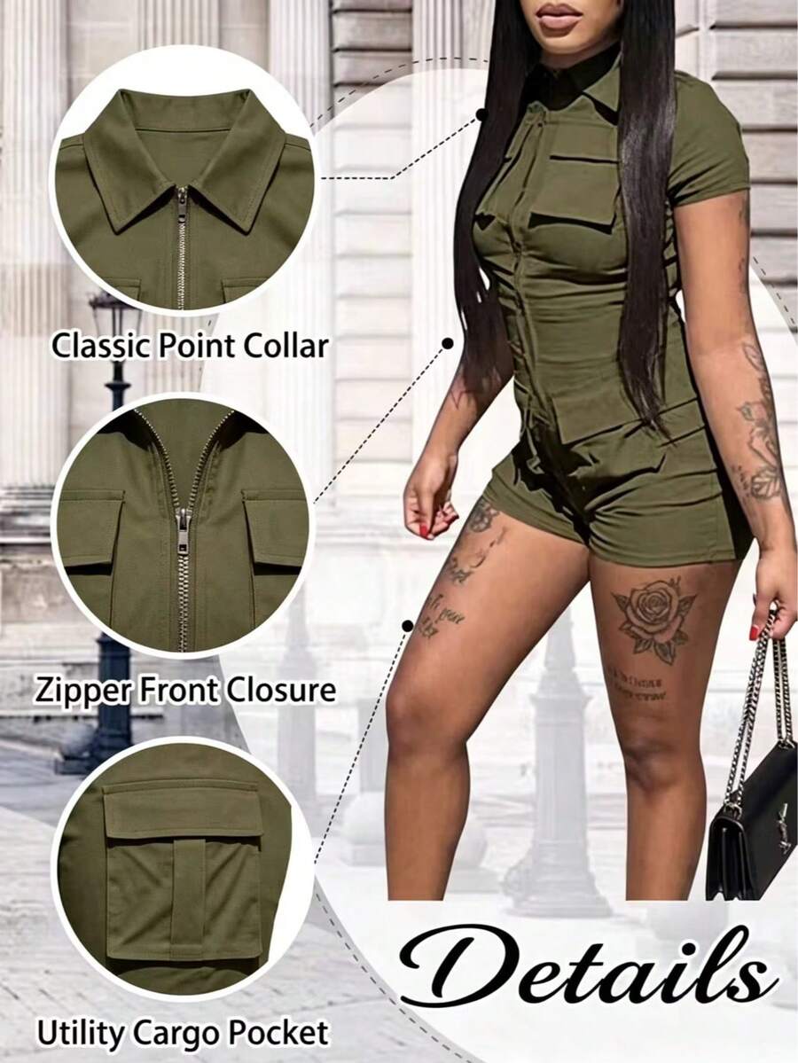 Design-Driven Utility Urban Style Short Sleeve High Neck Zipper Fitted Jumpsuit Summer - Green - View 1