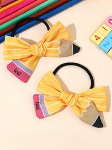 1 pieza Lazo de lápiz personalizado para el cabello, cuerda elástica de tela amarilla linda, accesorio para el cabello de vuelta a la escuela, uso diario, fiesta de estudiantes, regalo de cumpleaños, premio - Multicolor - Ver 6