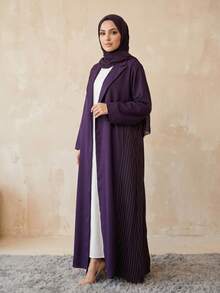 Hafizah 女款條紋紫色長版開襟外套，西裝領設計，優雅長裙式日常通勤 Abaya 大衣 - 紫羅蘭色 - 查看 6