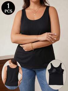 1pc Women's Plus Size U-Neck Built-In Bra Tank Top, Soft Modal Elastic Fabric, Breathable Support Loose Fit, Basic Casual Sleeveless Top - Black - View 2