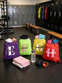 1pc Personalized Name Initial Drawstring Backpack, Multi-Color Customizable Name Drawstring Bag, Back To School Drawstring Bag, Swimming Bag, Gym Bag, Team Sports Travel Bag, Birthday Gift - Multicolor - View 5