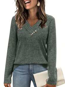 Women's Casual Long Sleeve V-Neck Button-Up Sweater Shirt, Autumn/Winter Fashion Pullover Top - Green - View 5
