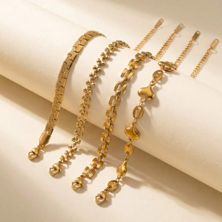 Elegante braccialetto in acciaio inossidabile placcato oro 18K con design cavo a forma di naso di maiale quadrato, adatto per l'uso quotidiano e per feste delle donne, gioielleria di moda - Dorato - Visualizzare 1