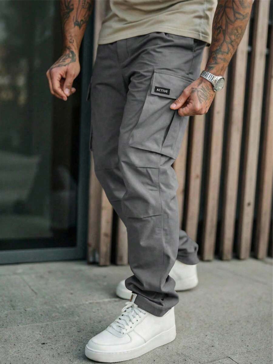 Pantalones cargo de estilo estadounidense utilitario de pierna recta, de moda casual con múltiples bolsillos, pantalones holgados, otoño - Gris Oscuro - Ver 1